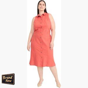 Sleeveless Button Down Midi Dress Linen Rayon Blend A-Line Business Casual